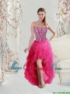 2015 Elegant High Low Sweetheart Beaded and Ruffles Prom Dresses in Hot Pink