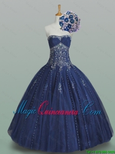 Elegant Ball Gown Strapless Beaded Quinceanera Dresses in Navy Blue for 2015 Winter