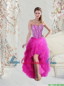 2016 Afforable High Low Sweetheart Fuchsia Dama Dresses with Beading and Ruffles