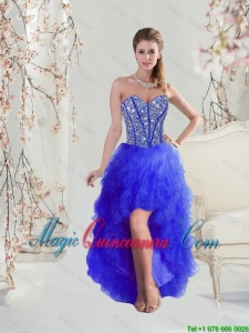 2016 Cheap Beaded and Ruffles High Low Dama Dresses in Royal Blue