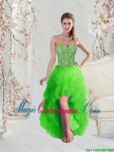 2016 Inexpensive High Low Sweetheart Spring Green Discount Dama Dresses with Beading