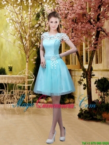 2016 New Arrival A Line Belt and Appliques Dama Dresses with Cap Sleeves