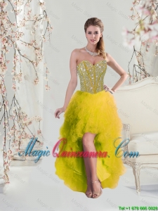2016 New Arrival High Low Sweetheart Yellow Dama Dresses with Beading and Ruffles