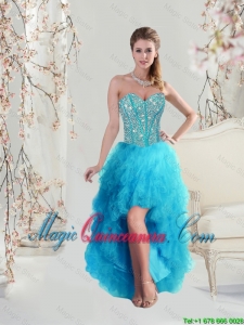 2016 New Arrival Sweetheart Beaded and Ruffles Turquoise Dama Dresses High Low