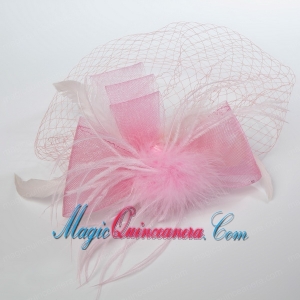 Pretty Pink Feather Tulle Net Yarn Briadl Hat