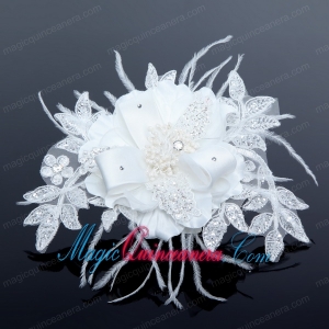 2014 White Pearl Lace and Feather Wedding Hair Flowers