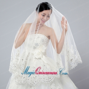 2014 Cheap Two-Tier White Fingertip Veil with Lace Edge