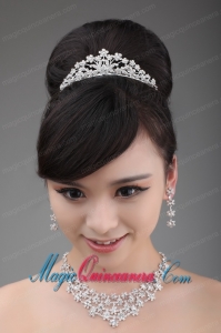 Alloy Rhinestone Intensive Flower Jewelry Set With Crown Necklace And Earrings