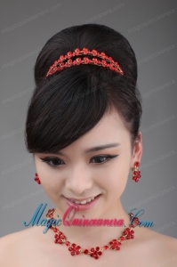 Red Rhinestone Wedding Jewelry Set Including Necklace Crown And Earrings