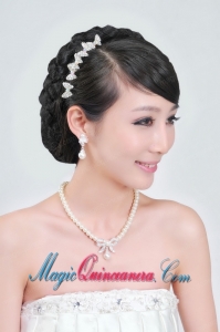 Beautiful Alloy With Peals Wedding Jewelry Set Including Necklace Earrings And Headpiece