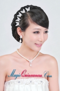 Fashionable Alloy WithPearls Wedding Jewelry Set Including Necklace Earrings And Headpiece