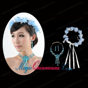 Blue Flowers Rhinestone Jewelry Set Including Necklace And Earrings