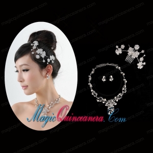 Butterfuly Rhinestone and Pearl Necklace Headpiece Wedding Jewelry Set