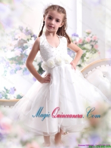2016 Spring Pretty Halter Top White Mini Length Little Girl Pageant Dresses with Hand Made Flower