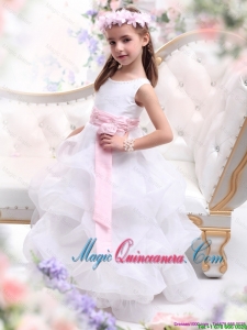 2016 Spring Pretty Scoop White Little Girl Pageant Dresses with Sash and Ruffles