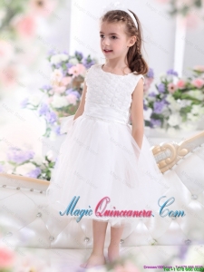 2016 Summer Cheap Scoop Tea Length White Little Girl Pageant Dresses with Sash