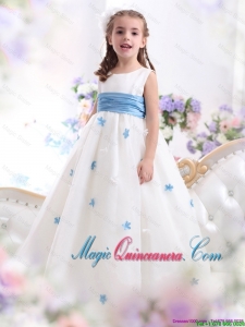 2016 Summer Cheap White Scoop Little Girl Pageant Dresses with Baby Blue Waistband and Appliques