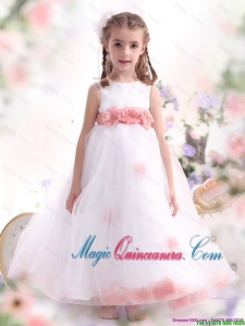 2016 Summer Popular White Little Girl Pageant Dresses with Pink Waistband and Hand Made Flower