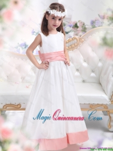 Fashionable 2016 Fall White Scoop Little Girl Pageant Dresses with Pink Waistband