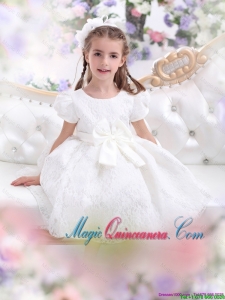 2016 Summer Popular Lace Little Girl Pageant Dresses with Short Sleeves and Bowknot
