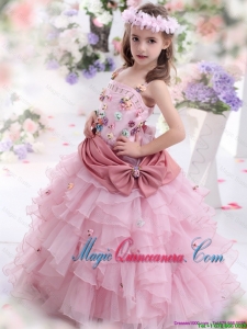 2016 Winter Perfect Rose Pink Little Girl Pageant Dresses with Hand Made Flowers and Ruffled Layers