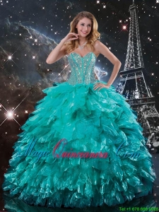 Classical Brush Train Turquoise Quinceanera Dresses with Beading and Ruffles for 2016