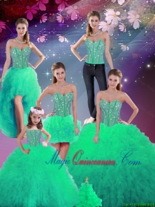 Pretty Sweetheart Beaded and Ruffles Detachable Sweet 16 Dresses in Turquoise