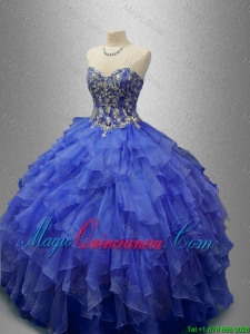 Classical Beaded Blue Quinceanera Gowns with Ruffles for 2016