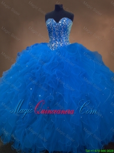 2016 Discount Sweetheart Beaded Blue Quinceanera Dresses with Ruffles