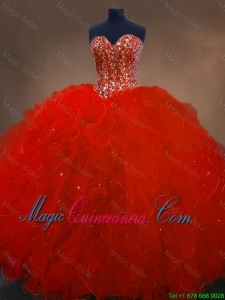 2016 Pretty Red Sweetheart Quinceanera Gowns with Ruffles and Beading