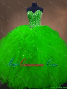 Perfect Beaded Spring Green Sweet 16 Gowns with Ruffles