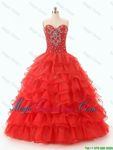 2016 Popular Beaded and Ruffled Layers Quinceanera Dresses in Red