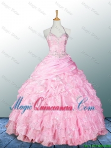 Pretty Halter Top Pink Quinceanera Dresses with Appliques for 2016