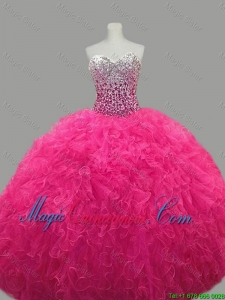 Puffy Sweetheart Hot Pink Quinceanera Dresses with Beading and Ruffles