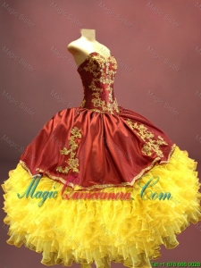 Beautiful Wine Red and Yellow Sweet 16 Dresses with Appliques and Ruffles