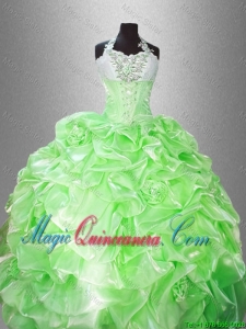 Luxurious Halter Top Pick Ups Quinceanera Gowns in Spring Green