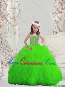 2015 Winter Popular Spring Green Spaghetti Mini Quinceanera Dresses with Beading and Ruffles
