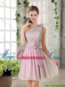 Discount A Line One Shoulder Pink Bridesmaid Dresses with Bowknot