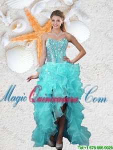Popular Beaded Sweetheart Aqua Blue Dama Dresses with High Low