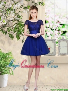 Sturning Bateau Short Royal Blue Dama Dresses with Cap Sleeves