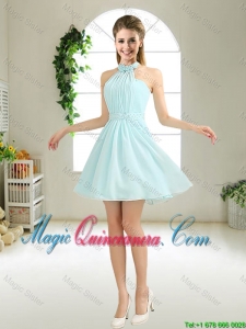 Cheap Halter Top Belt Light Blue Dama Dresses for 2016