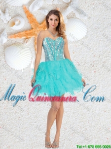 Cheap Sweetheart Beaded and Ruffles Dama Dresses in Aqua Blue