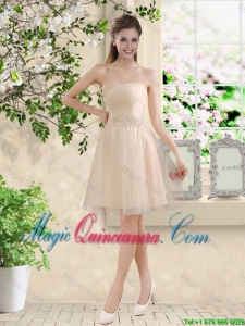 Comfortable Strapless Champagne Dama Dresses with Knee Length