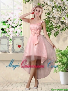 Romantic One Shoulder Laced and Bowknot Dama Dresses in Pink