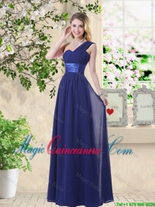 Cheap One Shoulder Floor Length Dama Dresses in Navy Blue