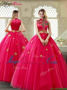 Exclusive High Neck Quinceanera Gowns in Coral Red