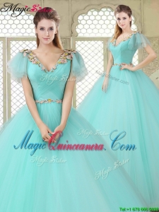 Exquisite V Neck Mint Sweet 16 Dresses with Appliques