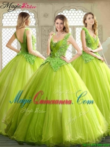 Luxurious Beading and Appliques Quinceanera Dresses in Yellow Green