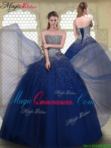 Gorgeous Ball Gown Strapless Quinceanera Gowns in Navy Blue