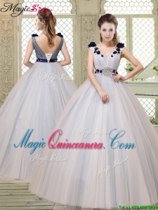 Pretty Champagne Straps Quinceanera Gowns with Belt and Appliques